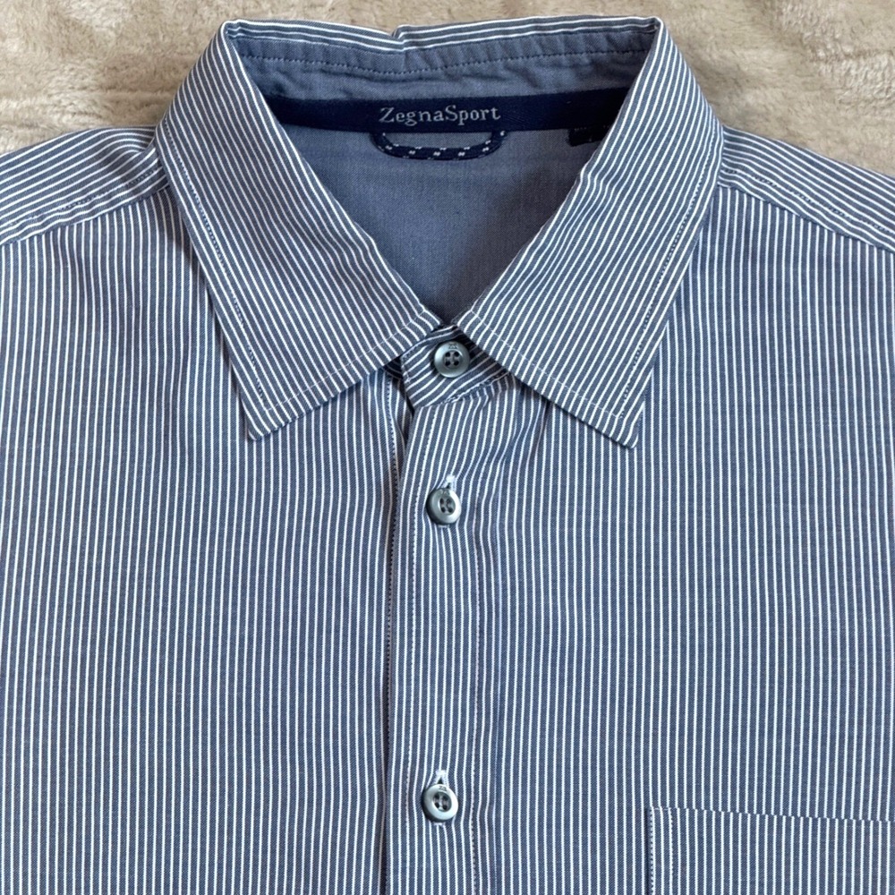 Zegna Sport Striped Size Large Button Down Long Sleeve Dress Shirt Blue White‎